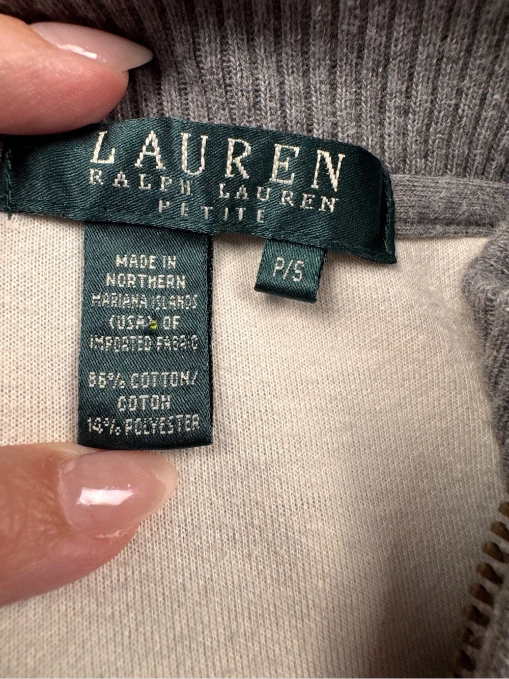 Lauren Ralph Lauren Petite Women PS Gray Cotton Knit Zip Sweater Jacket Gorp VTG